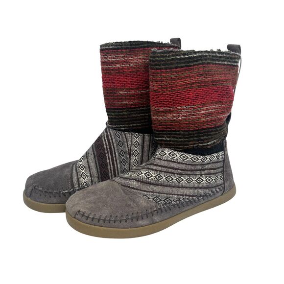 Toms Nepal Boots Pull On Ankle Leather Fur Lined Aztec Warm Gray Women 6 - Picture 1 of 9